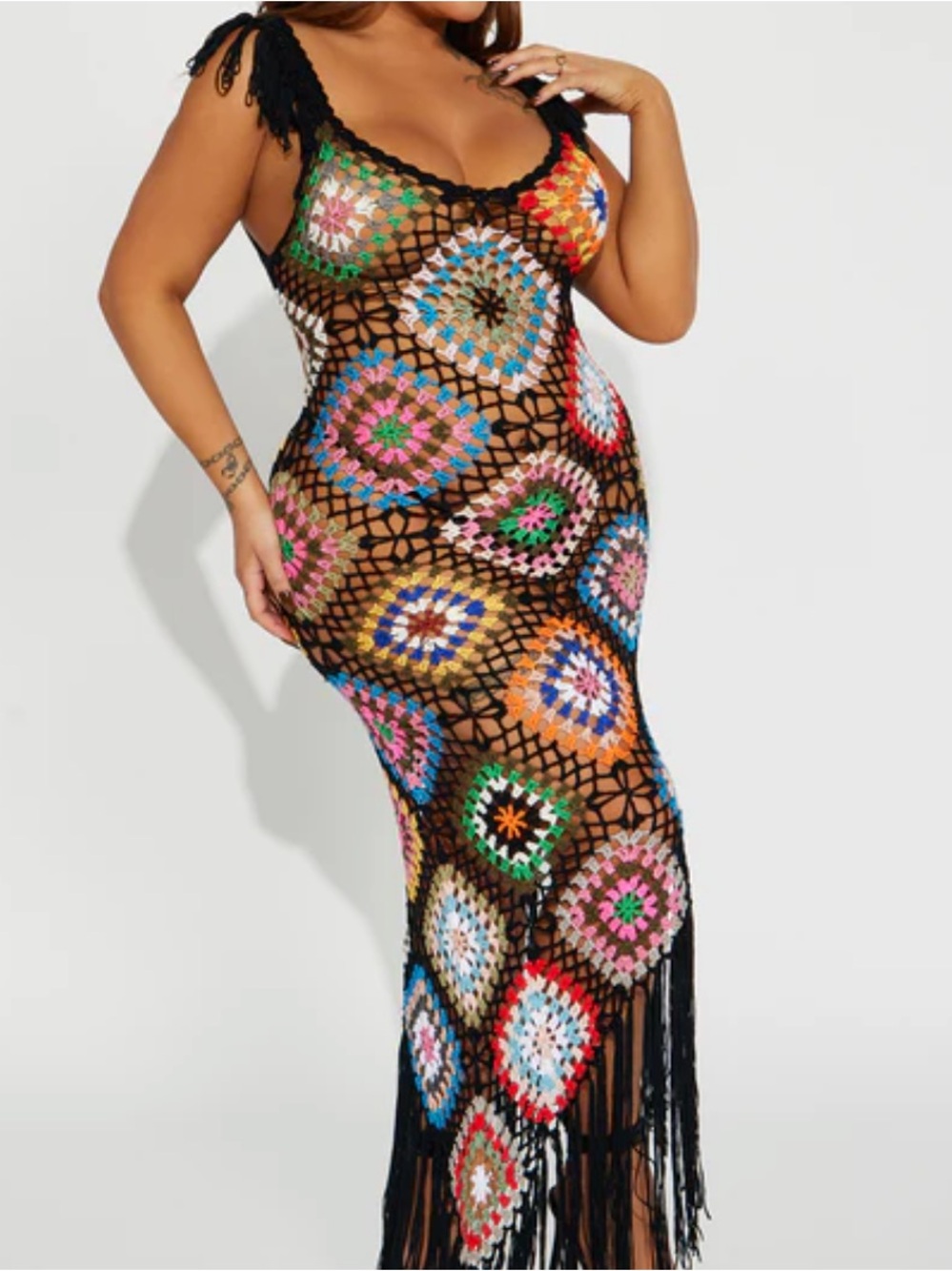 Plus Size Black Crochet Maxi Dress with Multicolor Squares